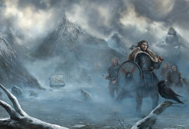 Обои картинки фото фэнтези, люди, зима, корабль, воины, викинги, ворон, горы