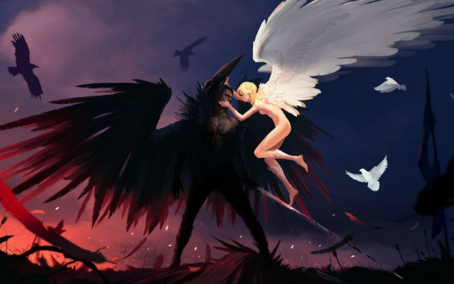 Обои картинки фото фэнтези, существа, голуби, перья, ангел, крылья, меч, демон, вороны