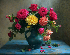 обоя цветы, букеты,  композиции, кувшин, букет, розы
