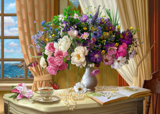 обоя рисованное, цветы, окно, бабочка, чай, букет, стол, живопись, шторы, ваза, жемчуг, чашка, арт, помещение