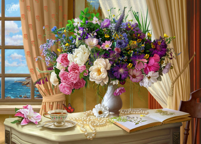 Обои картинки фото рисованное, цветы, окно, бабочка, чай, букет, стол, живопись, шторы, ваза, жемчуг, чашка, арт, помещение