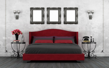 Картинка интерьер спальня кровать тумбочки рамки