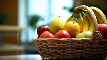 Картинка еда фрукты +ягоды корзинка яблоки бананы