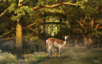 Картинка рисованные животные олени дом деревья олень