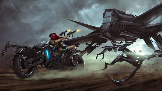 Обои картинки фото фэнтези, красавицы, чудовища, робот, мотоцикл, монстр, девушка