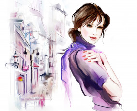Картинка рисованные люди взгляд рука шарф отражение девушка tatiana nikitina улица фонарь лужи дома волосы