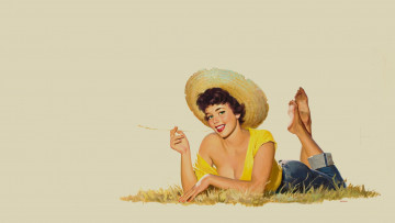 Картинка рисованные люди шляпа девушка улыбка лежит pin up