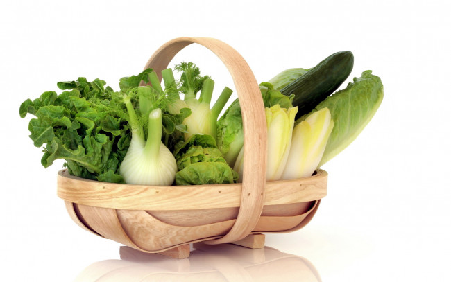 Обои картинки фото еда, овощи, корзинка, цикорий, фенхель, огурец, салат