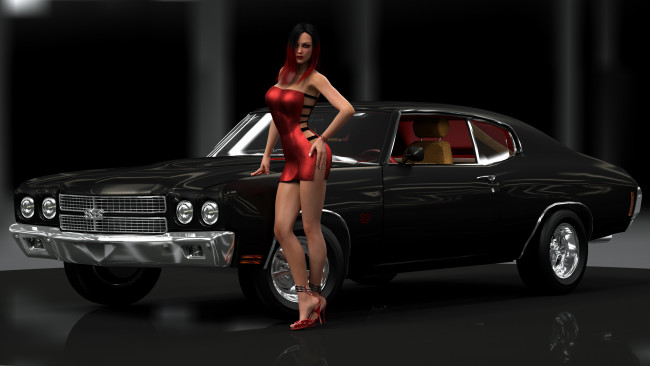 Обои картинки фото автомобили, 3d car&girl, фон, автомобиль, взгляд, девушка