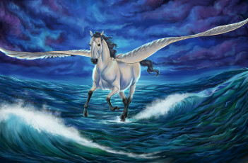 Картинка рисованное животные +сказочные +мифические пегас волны море