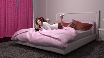 Картинка 3д+графика люди+ people фон книга взгляд наушники девушка кровать интерьер