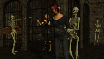 Картинка 3д+графика ужас+ horror скелеты фон взгляд девушки
