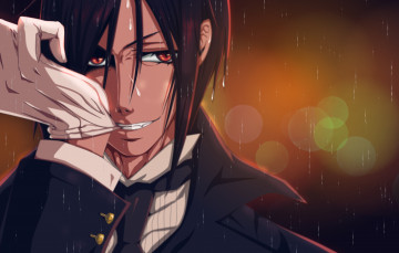Картинка аниме kuroshitsuji фон улыбка взгляд снимает дворецкий демон дождь умиление себастьян перчатка