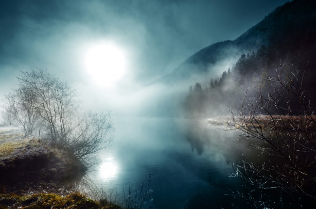 Обои картинки фото природа, восходы, закаты, луна, ночь, река, туман