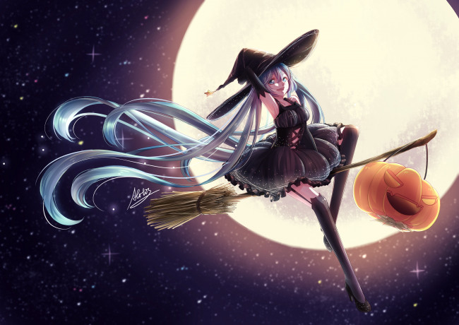 Обои картинки фото аниме, vocaloid, луна, ведьма, ночь, девушка, хеллоуин, тыква, арт, atatos, hatsune, miku