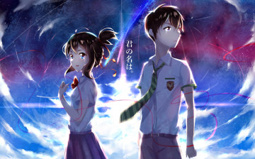 Картинка аниме kimi+no+na+wa парень фон взгляд девушка