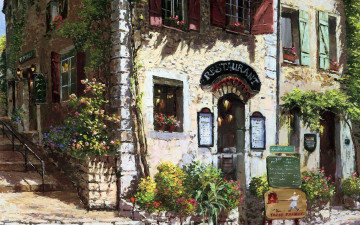 Картинка restaurant +sung+sam+park рисованное живопись дома улица город ступени цветы ресторан здания