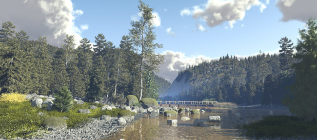 Обои картинки фото 3д графика, природа , nature, горы, река, мост