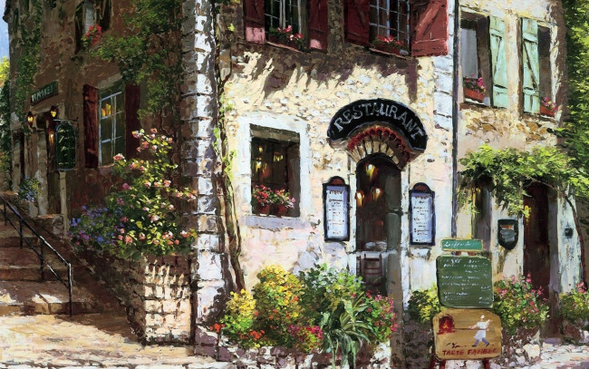 Обои картинки фото restaurant,  sung sam park, рисованное, живопись, дома, улица, город, ступени, цветы, ресторан, здания