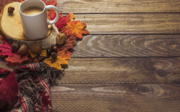 Картинка еда кофе +кофейные+зёрна background wood чашка шарф colorful дерево фон листья осень maple осенние coffee cup leaves autumn