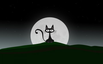 обоя векторная графика, животные , animals, ночь, кот, луна
