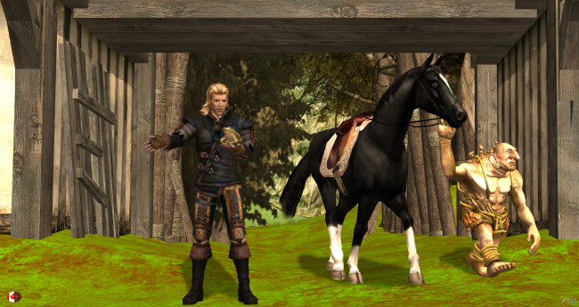 Обои картинки фото 3д графика, фантазия , fantasy, лошадь, взгляд, фон, мужчина