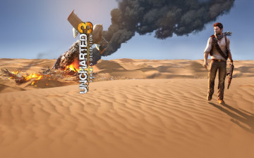 обоя видео игры, uncharted 3,  drake`s deception, мужчина, автомат, пустыня, огонь