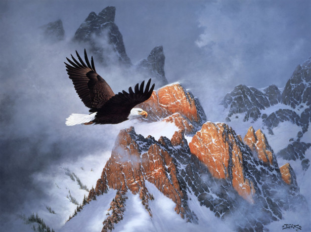 Обои картинки фото fire, on, the, mountain, рисованные, derk, hansen, зима, горы, орёл
