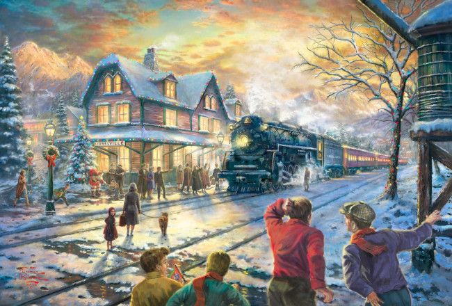 Обои картинки фото all, aboard, for, christmas, рисованные, thomas, kinkade, санта, клаус, ёлка, рождество, зима, праздник, железная, дорога, поезд, люди
