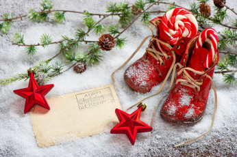 Картинка праздничные -+разное+ новый+год леденцы конфеты конверт ботинки снег ветки звёзды