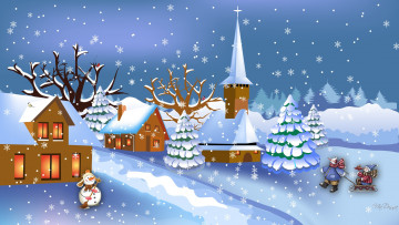 Картинка праздничные векторная+графика+ новый+год снеговики снег дома снежинки ели