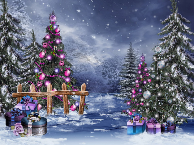 Обои картинки фото праздничные, рисованные, снег, огни, пейзаж, украшения, лес, елки