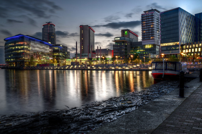 Обои картинки фото manchester англия, города, - огни ночного города, сумерки, дома, англия, manchester, река