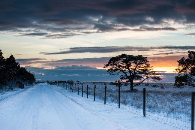Обои картинки фото природа, зима, дорога, забор, снег, сумерки