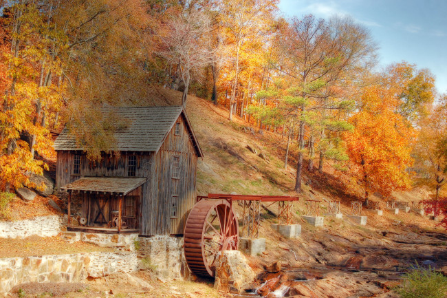 Обои картинки фото разное, мельницы, мельница, ручей, лес, склон, осень