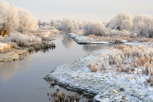 Обои картинки фото литва,   акмяне, природа, зима, акмяне, снег, река, лес