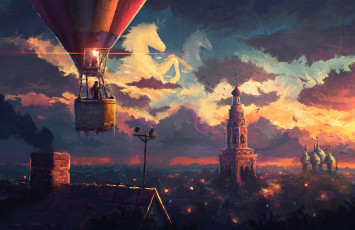 Картинка фэнтези транспортные+средства небо крыша арт облака воздушный шар купол церковь город