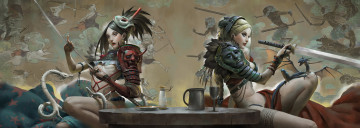 Картинка фэнтези девушки меч арт стол катана дракон воины