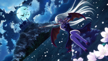 Картинка аниме ангелы +демоны оружие девушка замок облака вампир цветы луна ночь скала красные глаза летучие мыши кровь меч