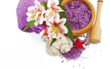 Картинка разное косметические+средства +духи lily лилии цветы спа salt flowers towel relax spa