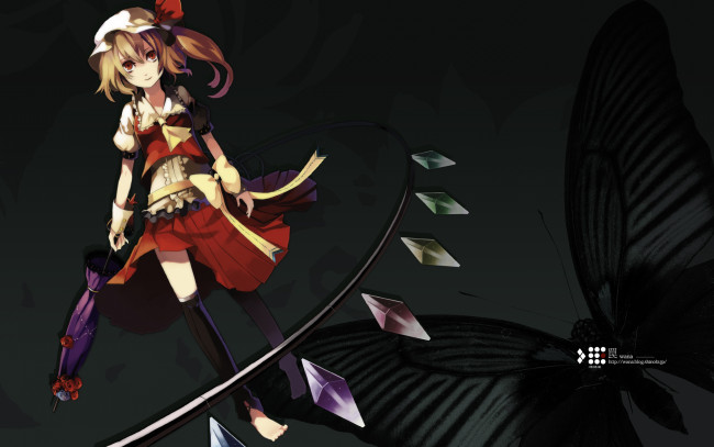 Обои картинки фото аниме, touhou, flandre, scarlet, hiiragi, ryou, riku, wana, девушка, демон, зонт, шляпа, бант, розы, цветы