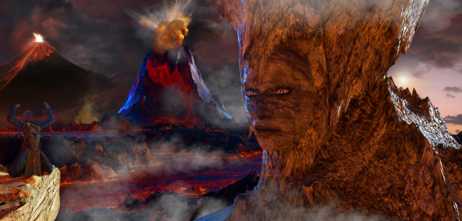Обои картинки фото 3д графика, фантазия , fantasy, фон, взгляд, девушка, мутант, вулканы
