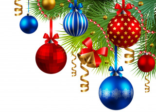 Картинка праздничные векторная+графика+ новый+год синие красные серпантин праздник вектор ёлка рождество игрушки украшения белый фон новый год ветки шары