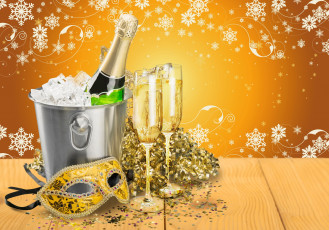 обоя праздничные, угощения, лед, новый, год, шампанское, мишура, бокалы, узоры, маска