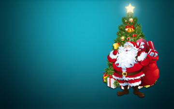 обоя праздничные, векторная графика , новый год, санта-клаус, елка, Ёлка, санта, клаус, праздник, минимализм, дедушка, новый, год, рождество, подарки, дед, костюм, -