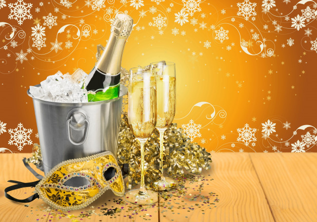 Обои картинки фото праздничные, угощения, лед, новый, год, шампанское, мишура, бокалы, узоры, маска