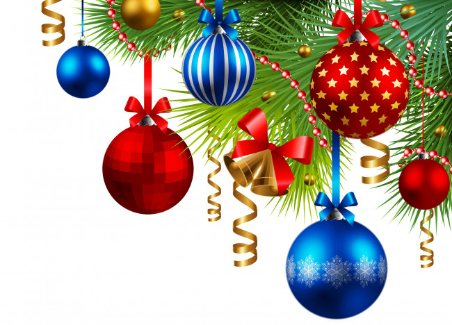 Обои картинки фото праздничные, векторная графика , новый год, синие, красные, серпантин, праздник, вектор, ёлка, рождество, игрушки, украшения, белый, фон, новый, год, ветки, шары