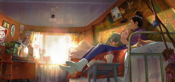 Картинка рисованное люди девушки кровать телевизор комната