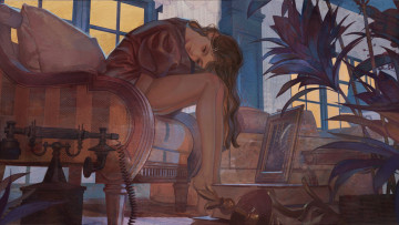 Картинка рисованное люди девушка диван телефон