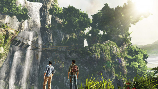 Обои картинки фото видео игры, uncharted,  golden abyss, мужчины, скалы, мост